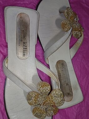 Stephane Kelian White Sandals with Gold Crystal Flower Accent